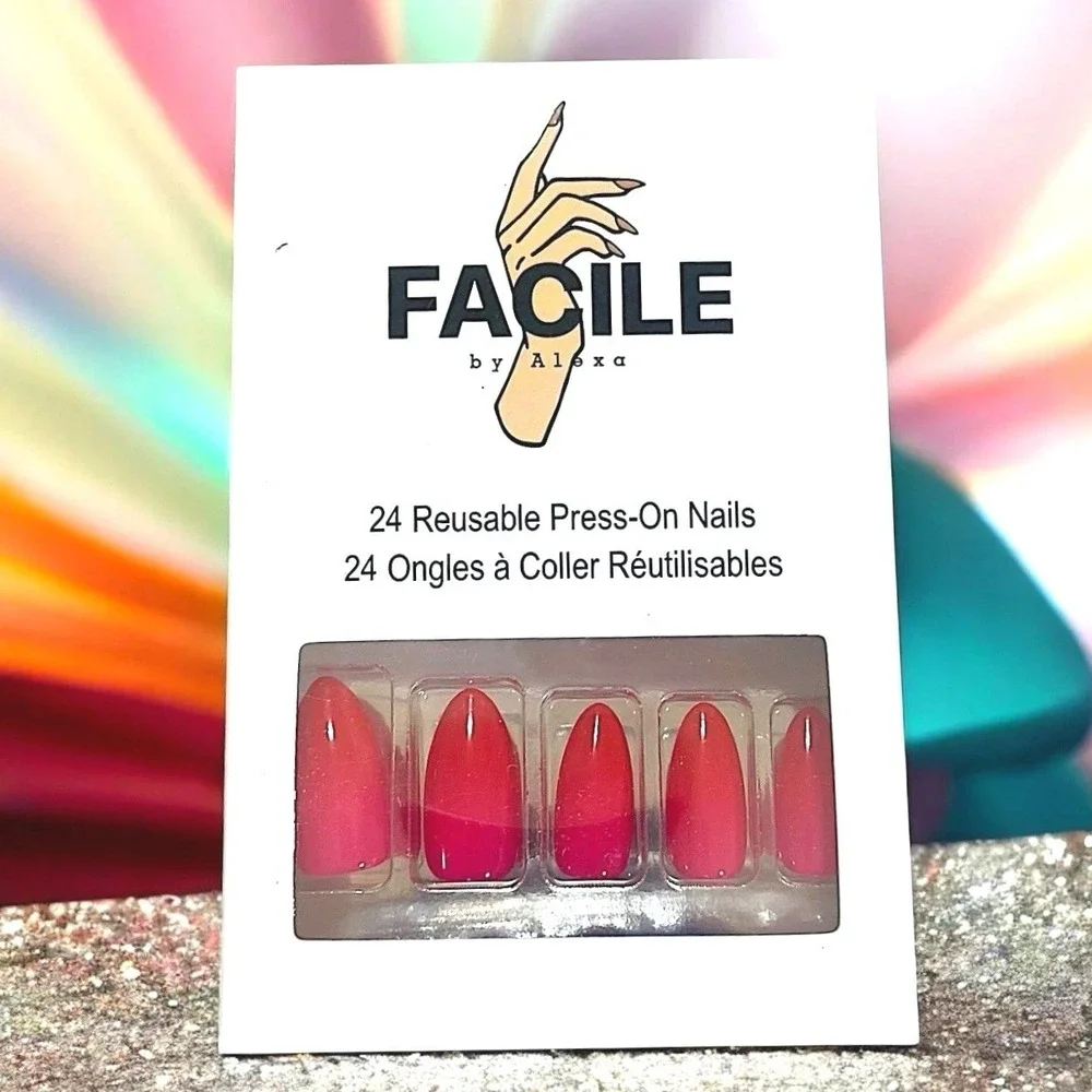 New Facile by Alexa Reusable Press On Nails Gel Glue Pink Ombre Almond